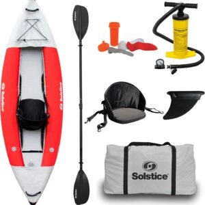 Solstice Flare 1P 9’6″ Inflatable Fishing Kayak – Performance Drop-Stitch Floor, PVC Pontoons, Adjustable Seat & Accessories